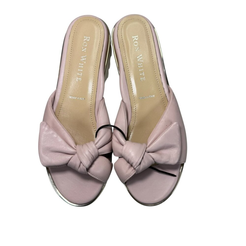 Ron White Chrissie Pink Nappa Leather Puffy Bow Slide Sandals 37.5 US 7 NWT